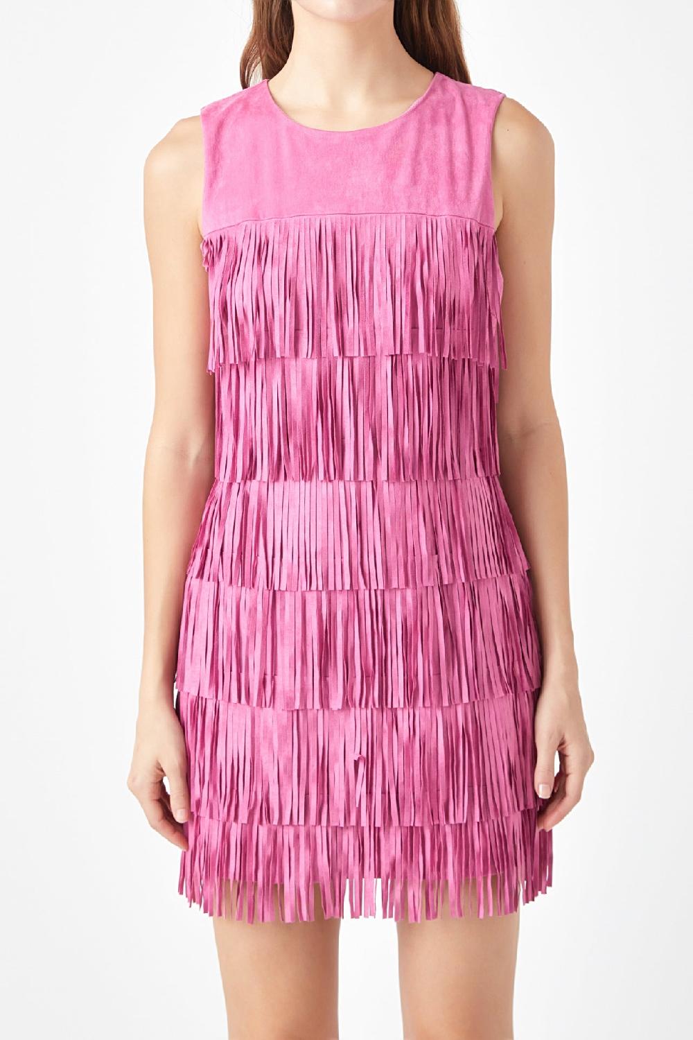 Endless Rose Tiered Faux Suede Fringe Mini Dress PINK