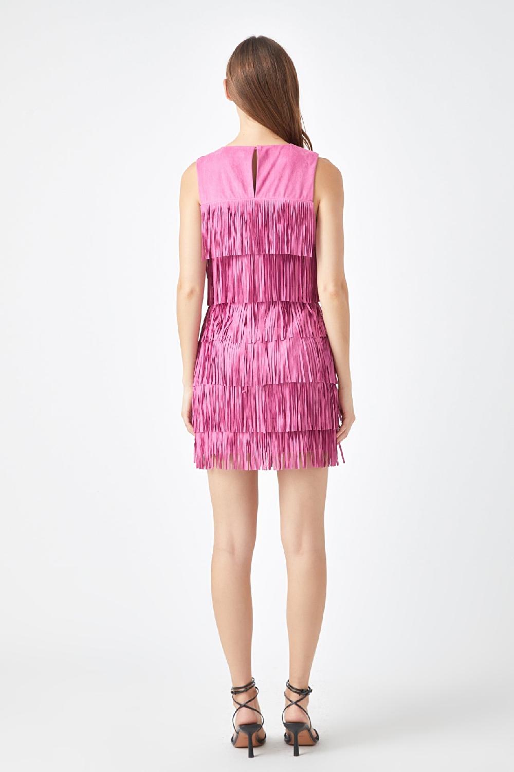 Endless Rose Tiered Faux Suede Fringe Mini Dress PINK