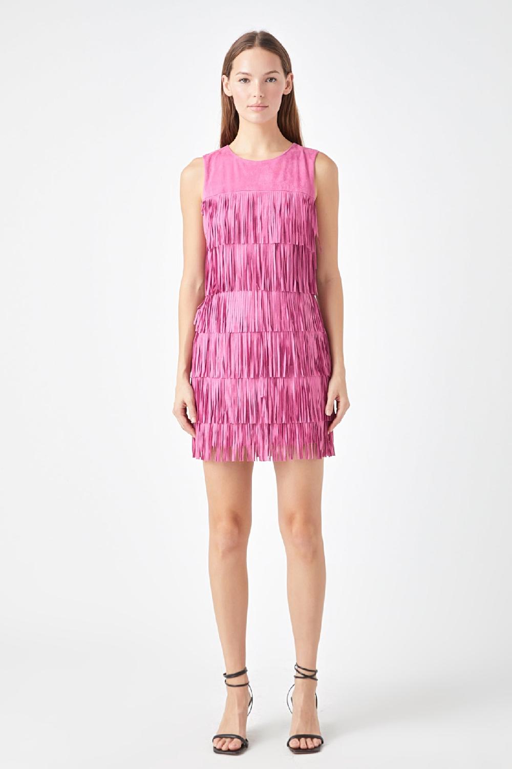 endless rose Tiered Faux Suede Fringe Mini Dress PINK
