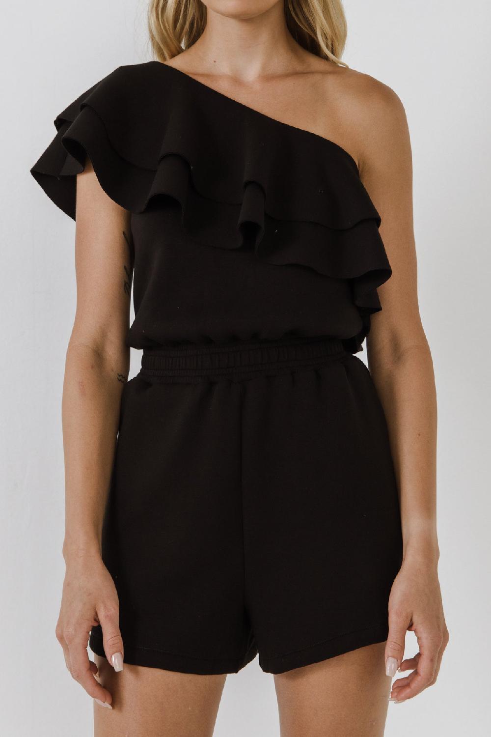 Endless Rose Tiered Layer One Shoulder Romper BLACK