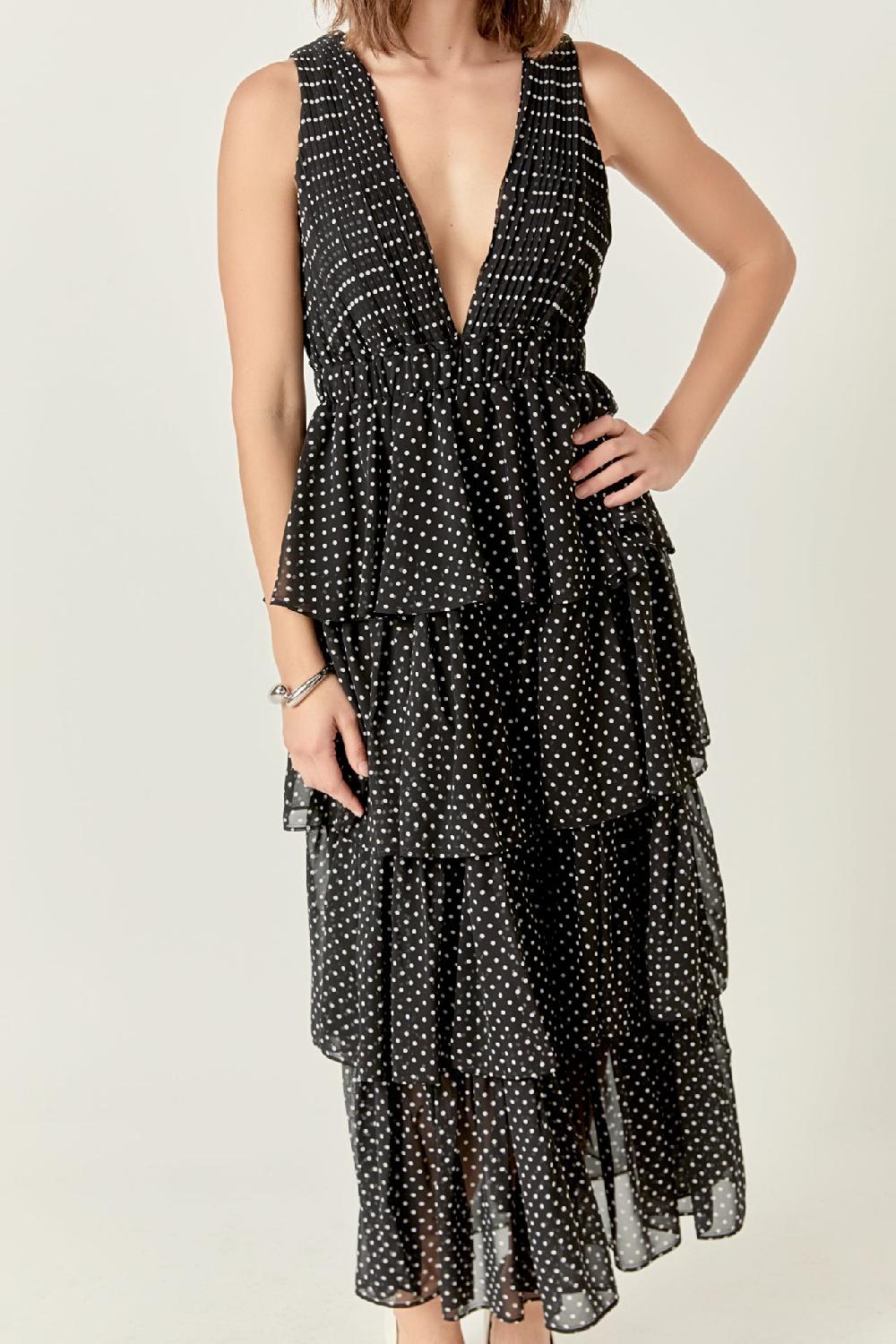 Endless Rose Tiered Polka Dot Maxi Dress BLACK/WHITE