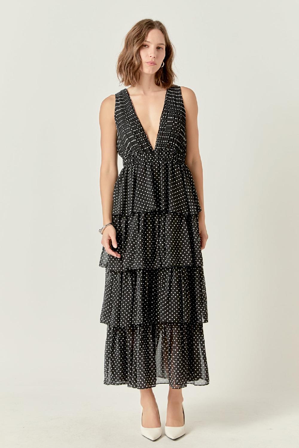 Endless Rose Tiered Polka Dot Maxi Dress BLACK/WHITE