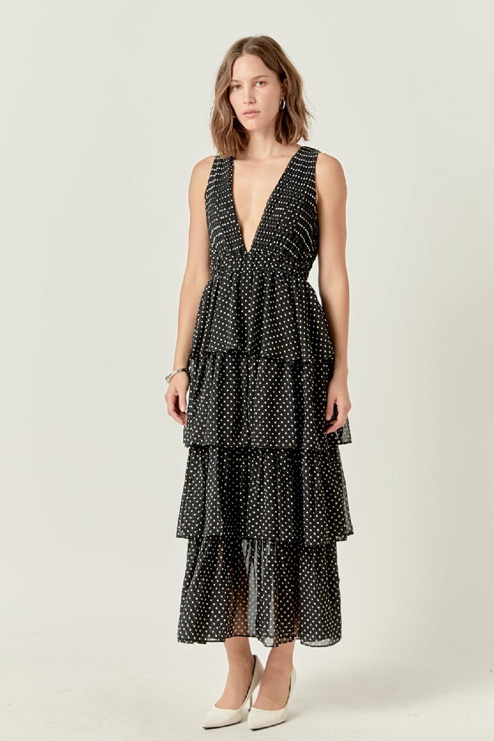 Endless Rose Tiered Polka Dot Maxi Dress BLACK/WHITE