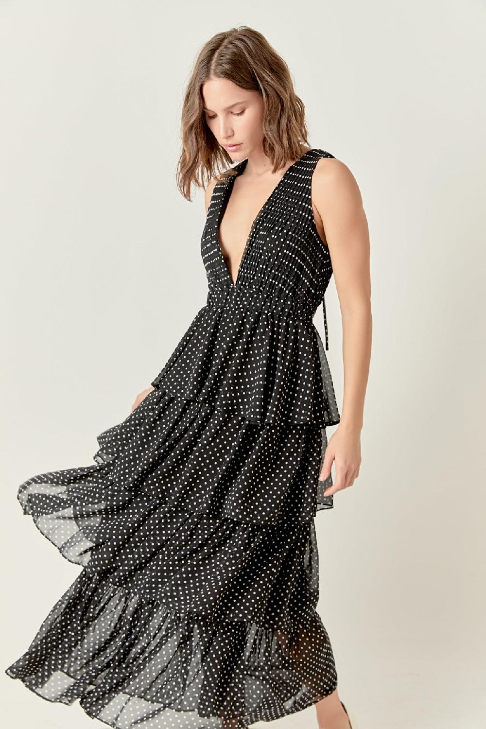 endless rose Tiered Polka Dot Maxi Dress BLACK/WHITE