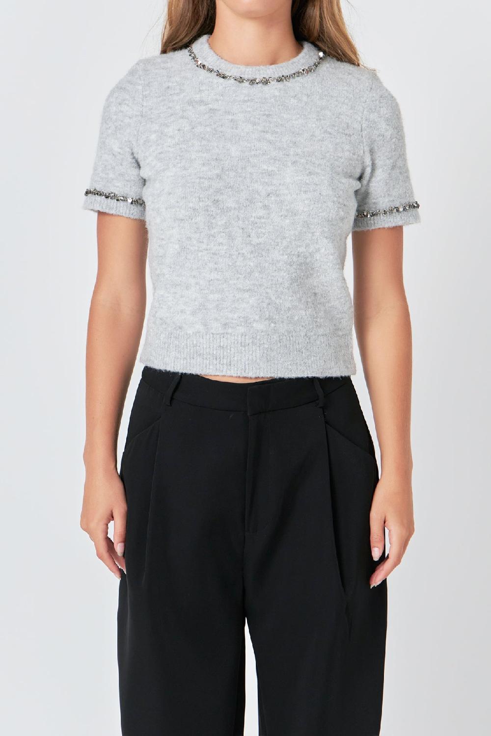 Endless Rose Trimmed Knit Short Sleeve Top HEATHER GREY