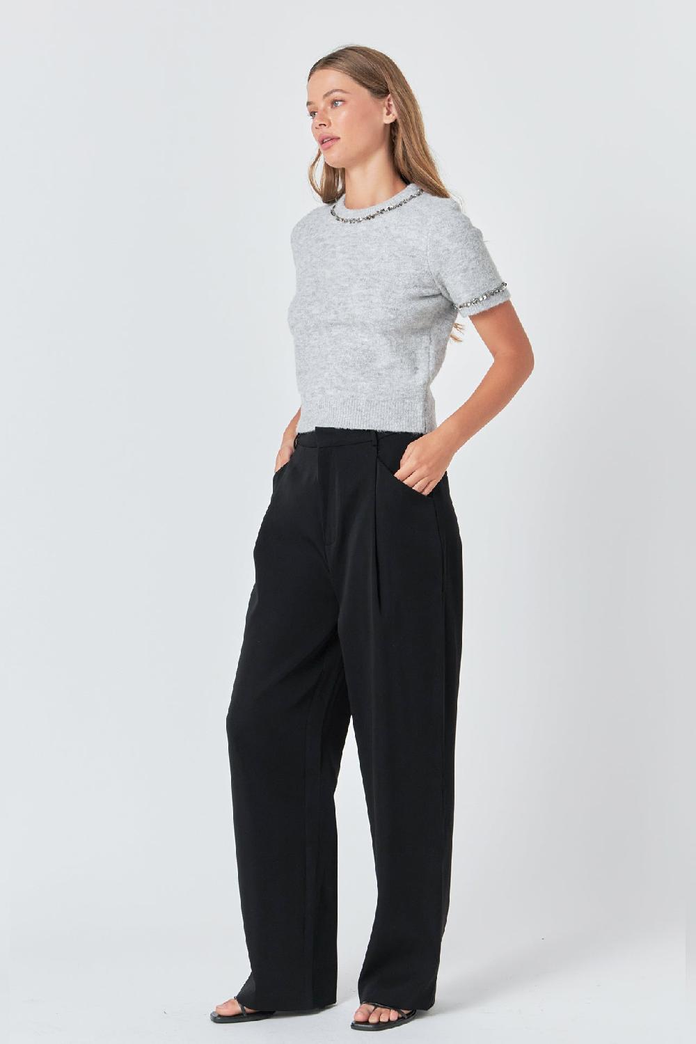 Endless Rose Trimmed Knit Short Sleeve Top HEATHER GREY