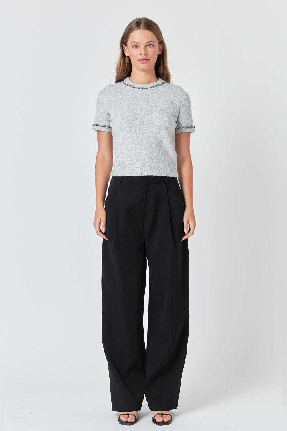 endless rose Trimmed Knit Short Sleeve Top HEATHER GREY