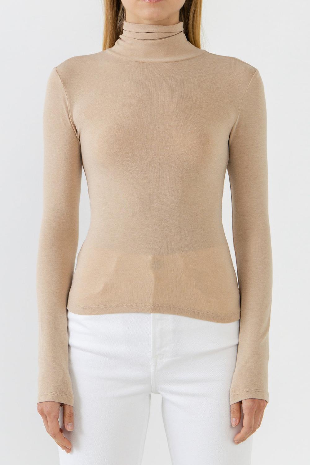 Endless Rose Turtle Neck Long Sleeve Knit Top CAMEL