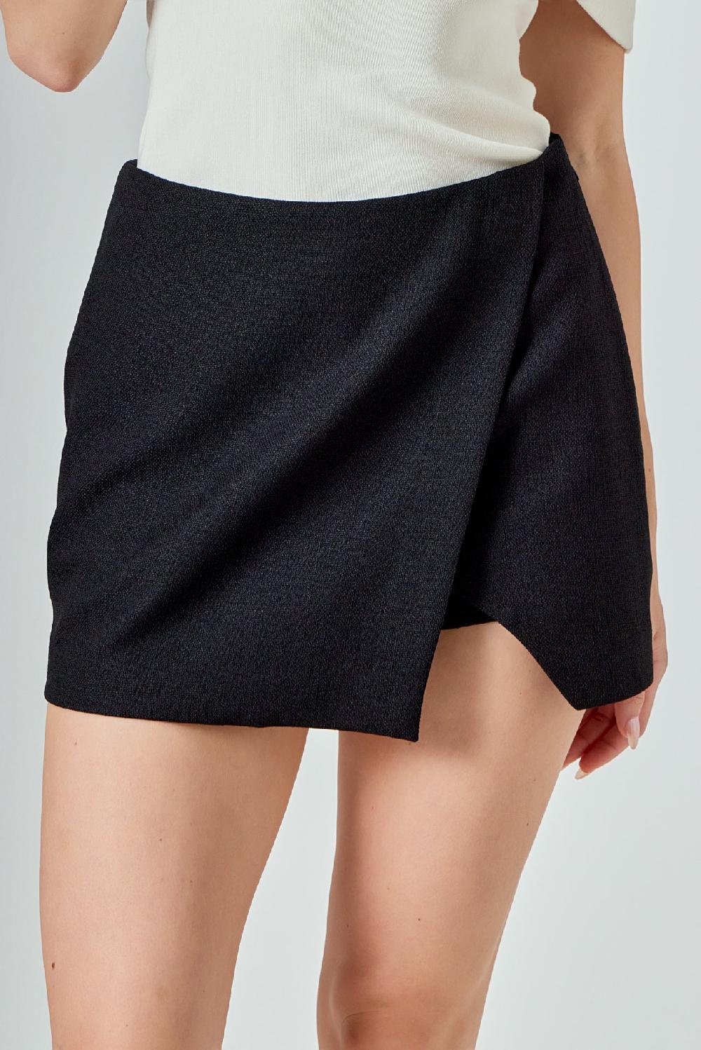 Endless Rose Tweed Asymmetrical Wrap Mini Skort BLACK