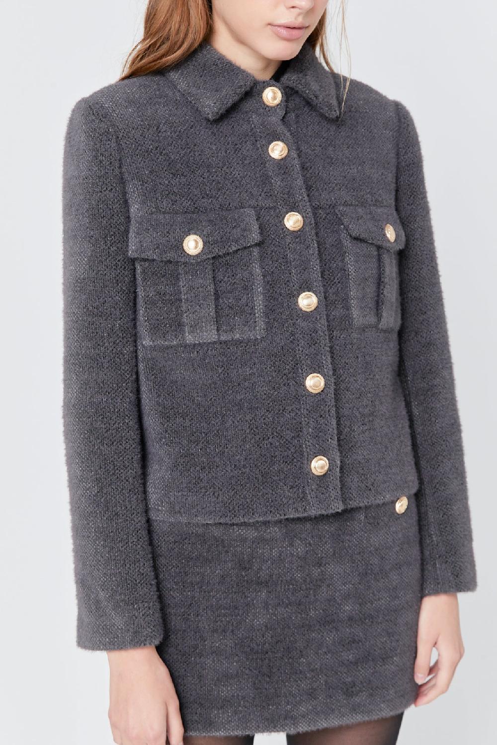 Endless Rose Tweed Soft Brushed Buttoned Jacket GREY