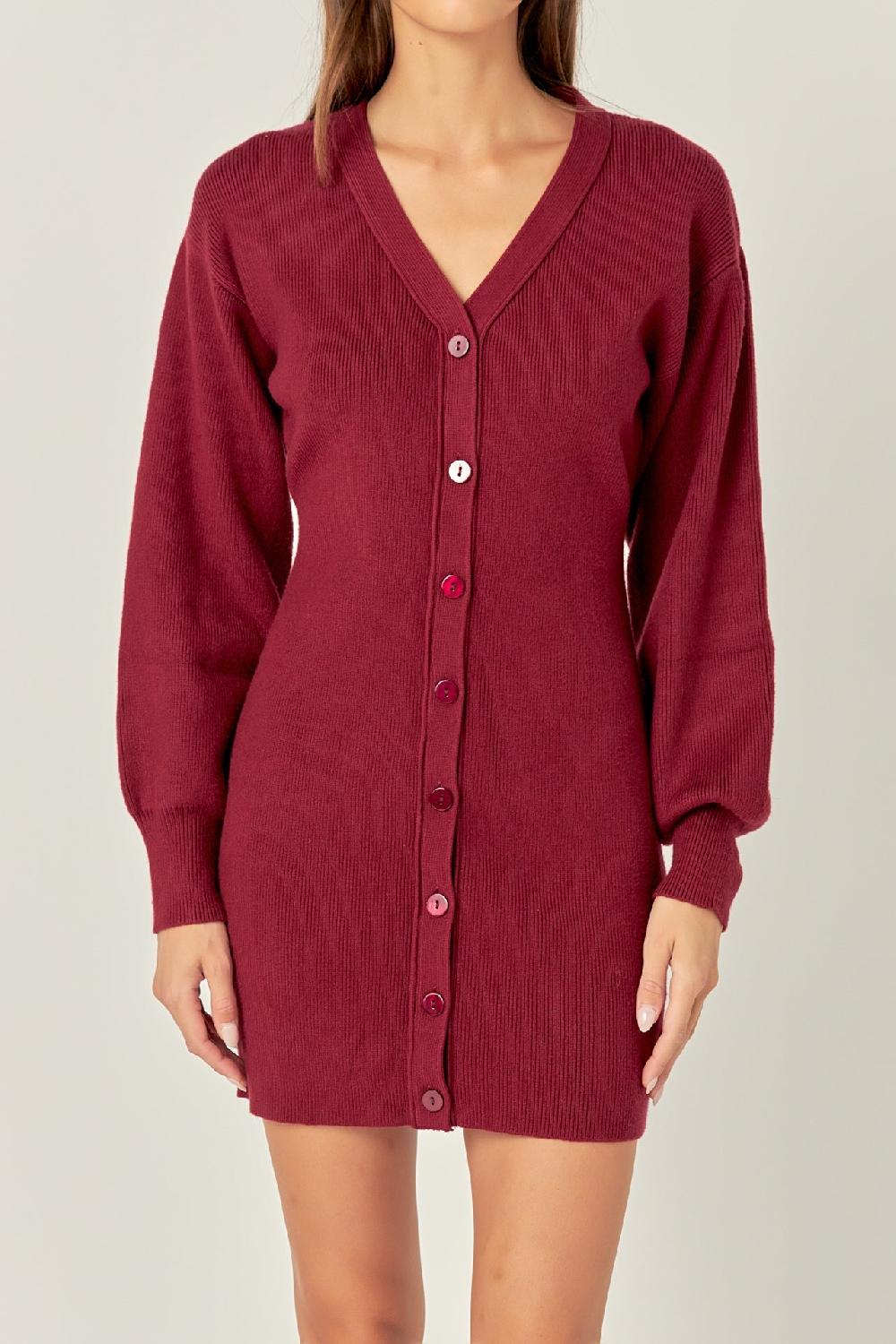 Endless Rose V-Neck Cardigan Mini Knit Dress BURGUNDY