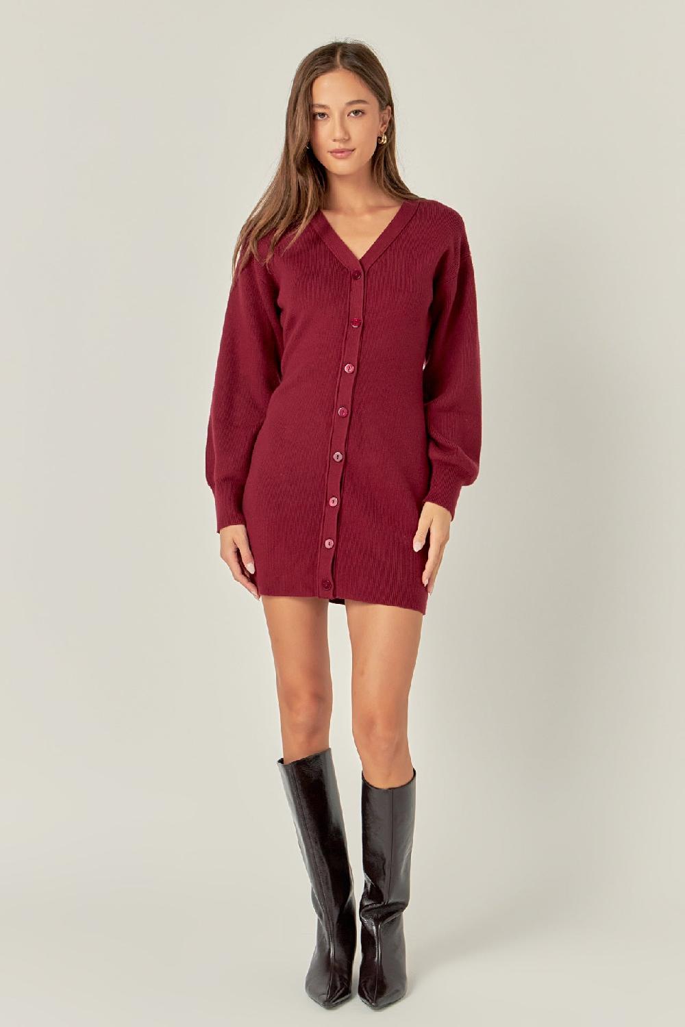 endless rose V-Neck Cardigan Mini Knit Dress BURGUNDY