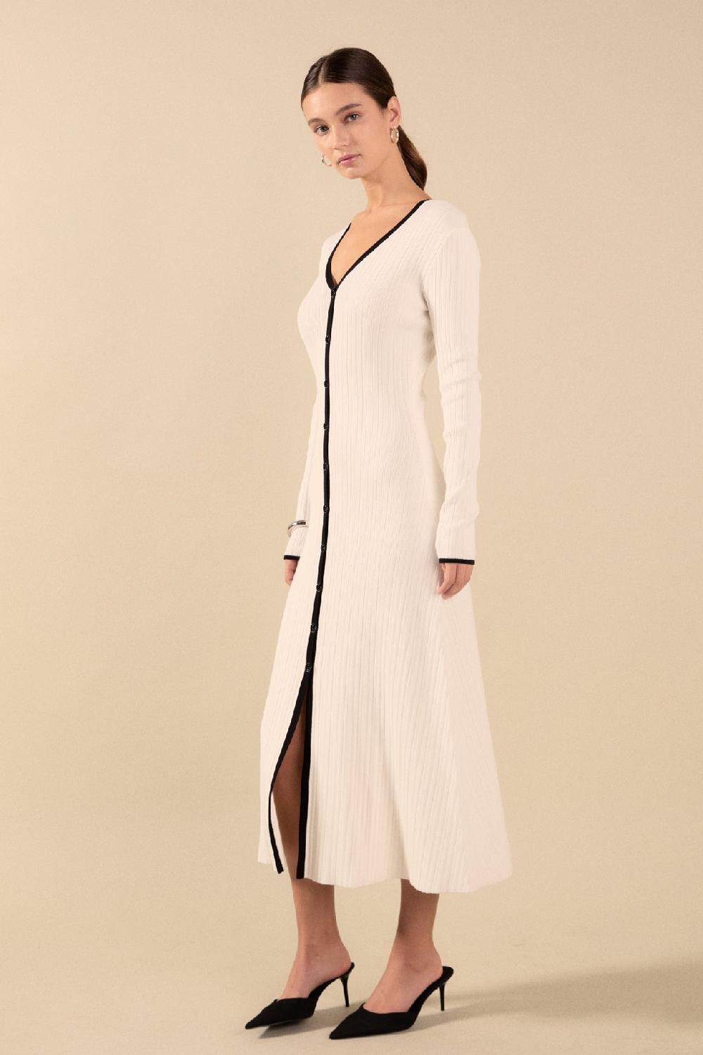 Endless Rose Valerie Contrast Buttoned Sweater Knit Midi Dress IVORY/BLACK