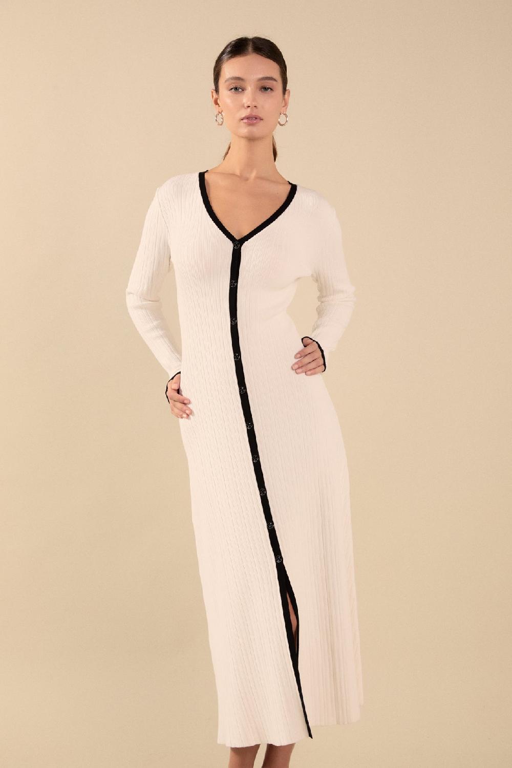 endless rose Valerie Contrast Buttoned Sweater Knit Midi Dress IVORY/BLACK