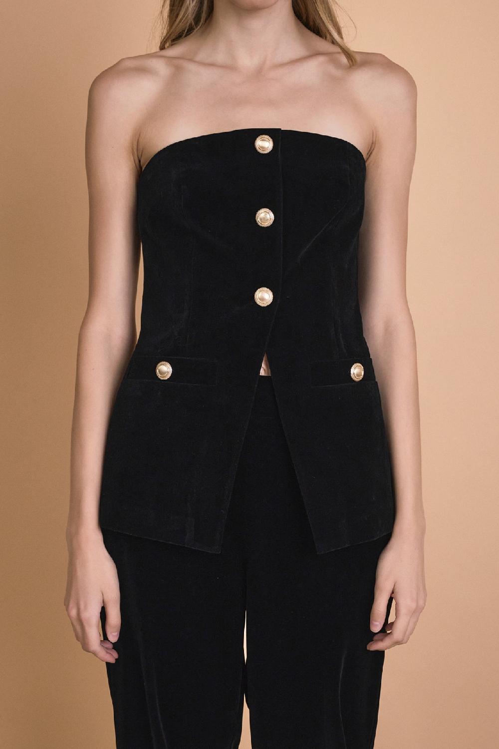 Endless Rose Velvet Strapless Buttoned Long Top BLACK