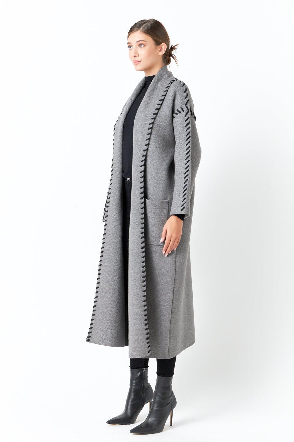 Endless Rose Whip Stitched Long Knit Cardigan GREY/BLACK