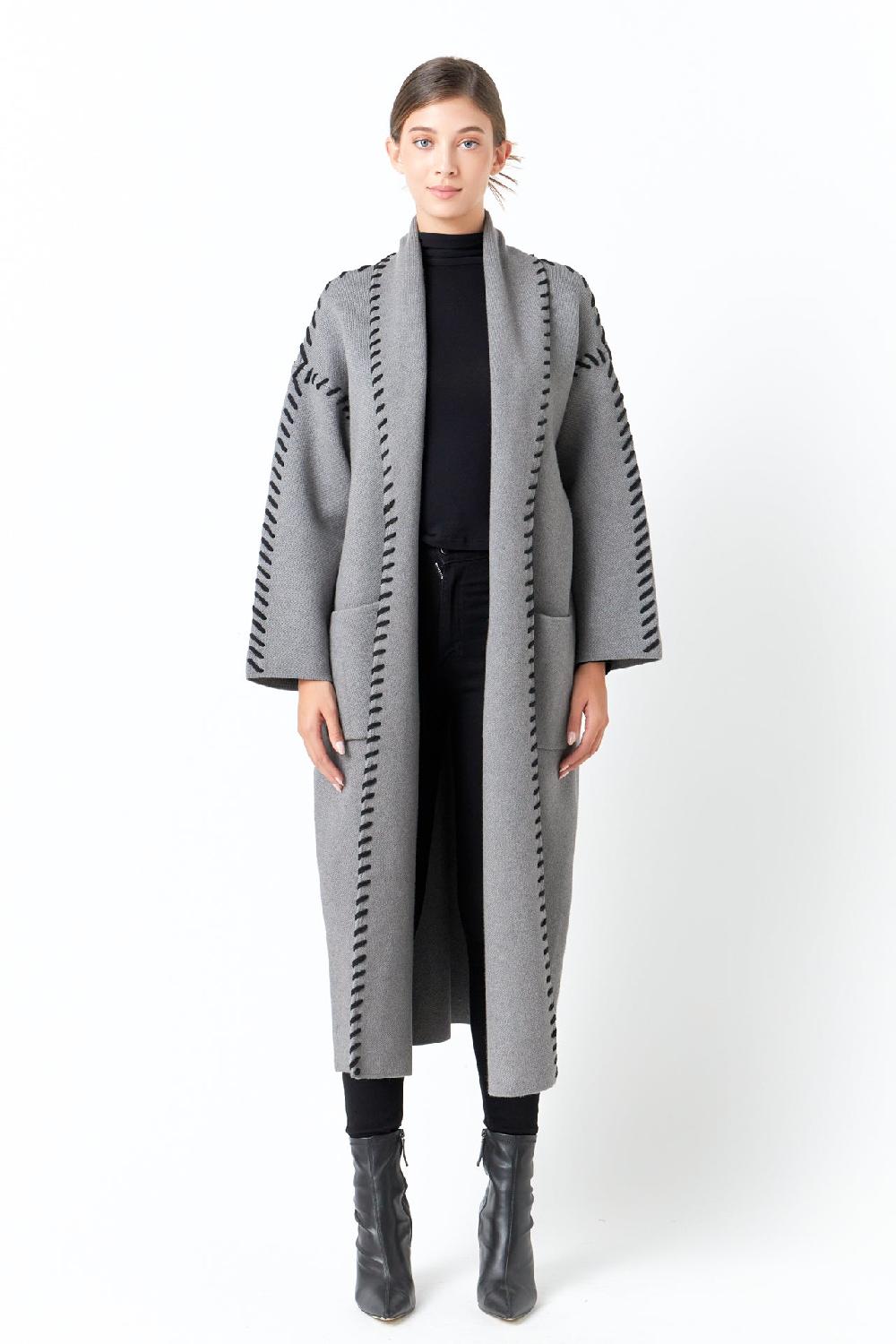 endless rose Whip Stitched Long Knit Cardigan GREY/BLACK