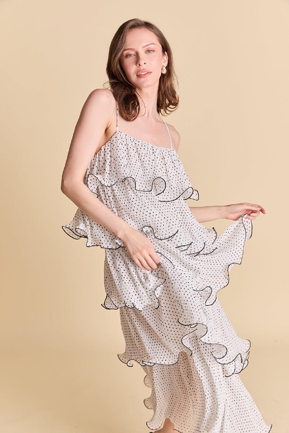 endless rose Wired Polka Dot Tiered Maxi Dress WHITE/BLACK