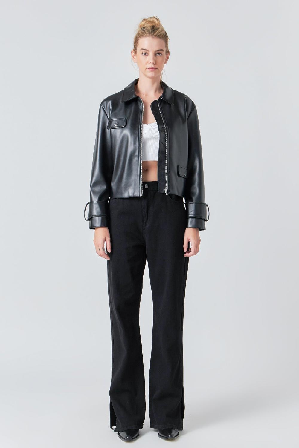 Endless Rose Zip Up Cropped Faux Leather Jacket BLACK