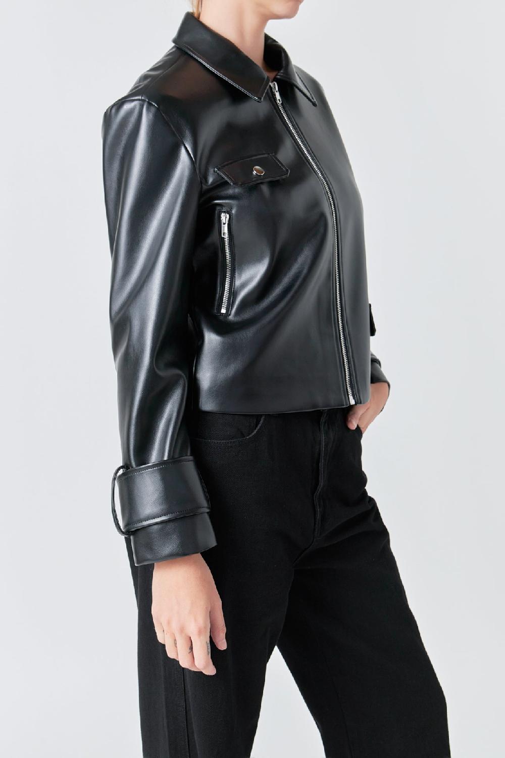 Endless Rose Zip Up Cropped Faux Leather Jacket BLACK