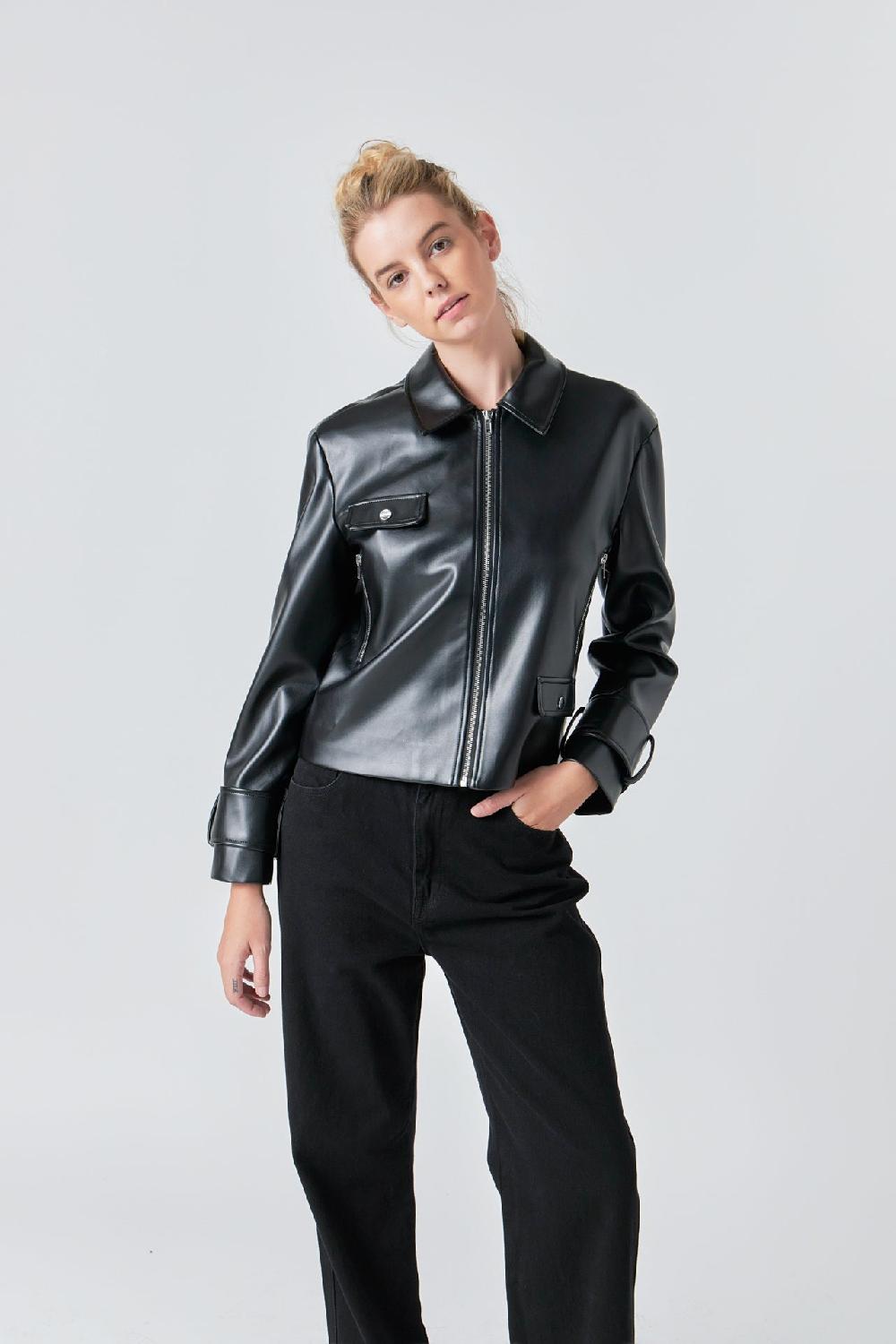 Endless Rose Zip Up Cropped Faux Leather Jacket BLACK