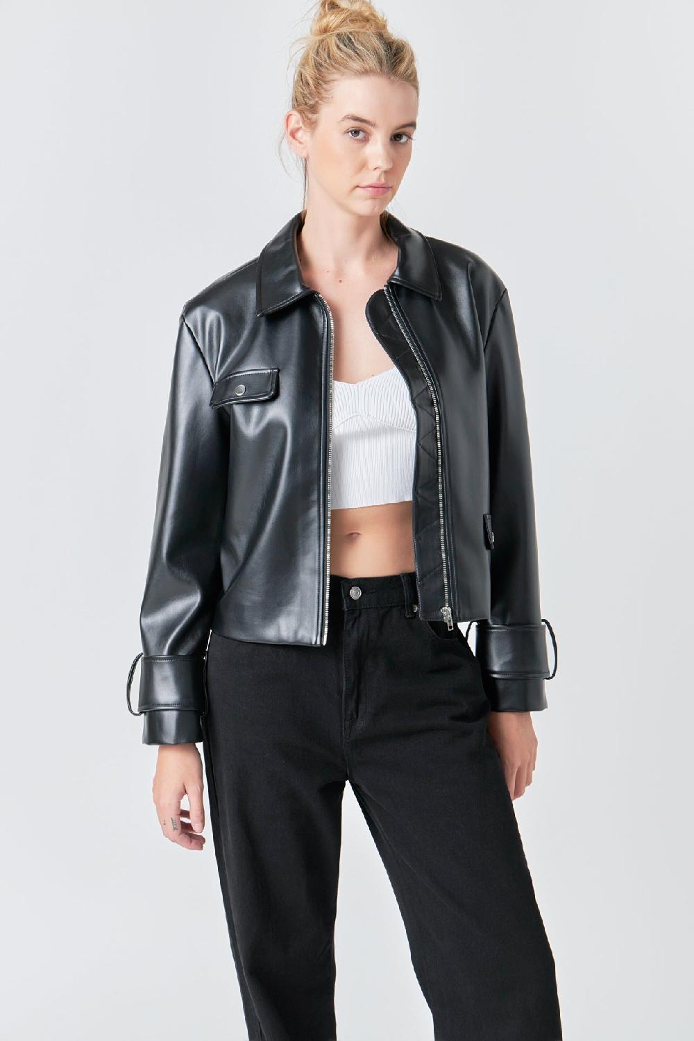 endless rose Zip Up Cropped Faux Leather Jacket BLACK