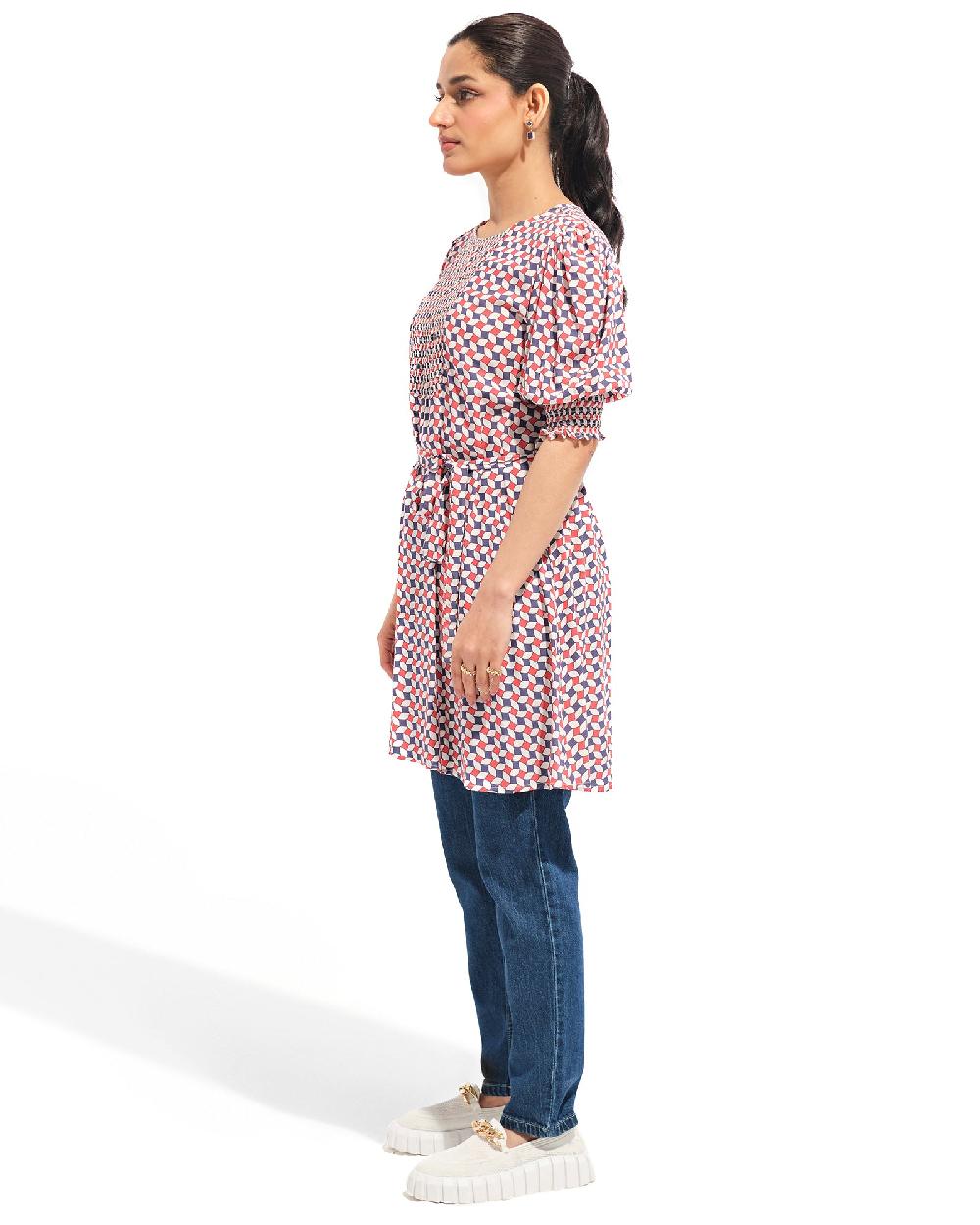 Engine Women Printed Smocking Top LO4021-00S-WHT