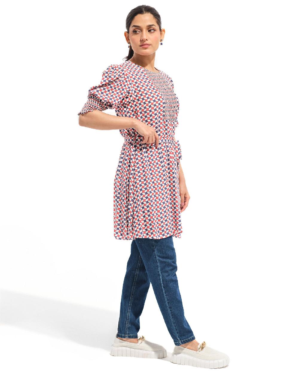 Engine Women Printed Smocking Top LO4021-00S-WHT