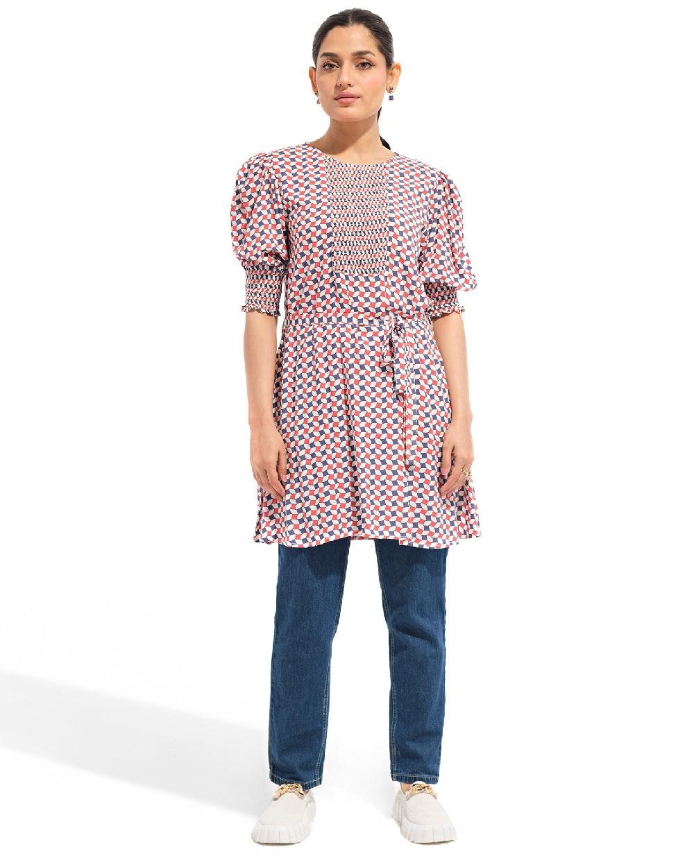 engine Women Printed Smocking Top LO4021-00S-WHT