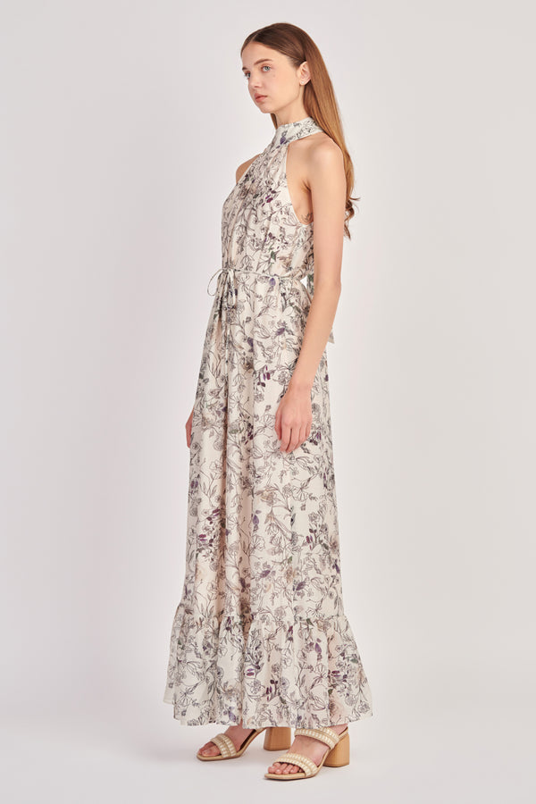 English Factory Abstract Floral Print Halter Maxi Dress IVORY MULTI