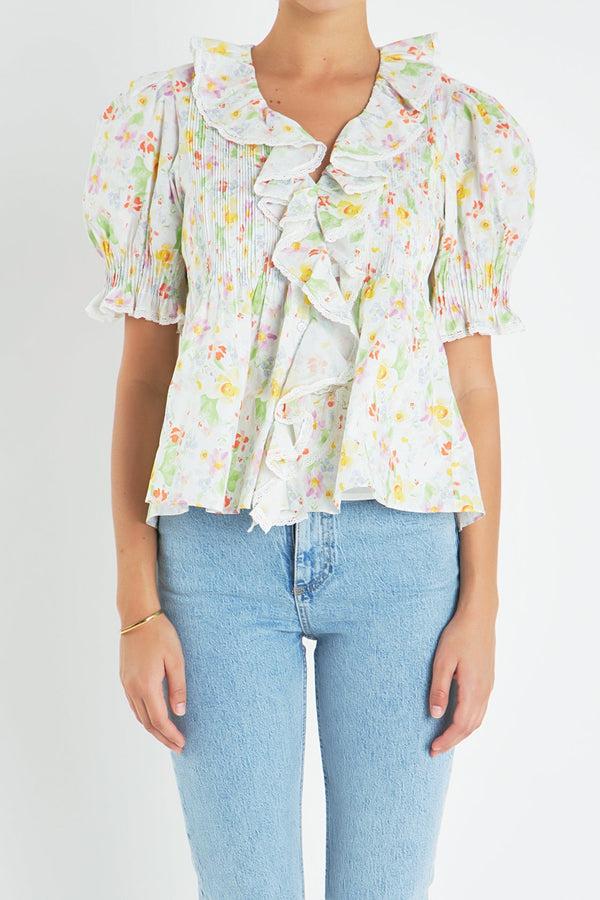 English Factory Abstract Floral Print Ruffle Top WHITE MULTI