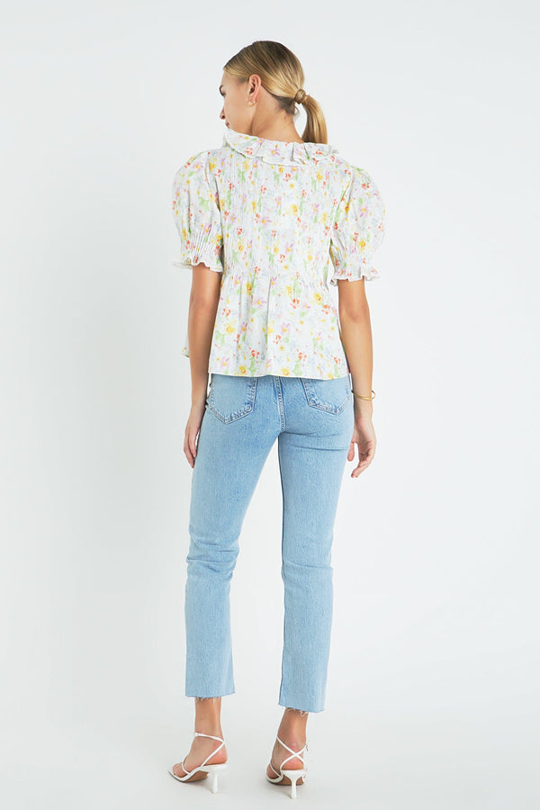 English Factory Abstract Floral Print Ruffle Top WHITE MULTI