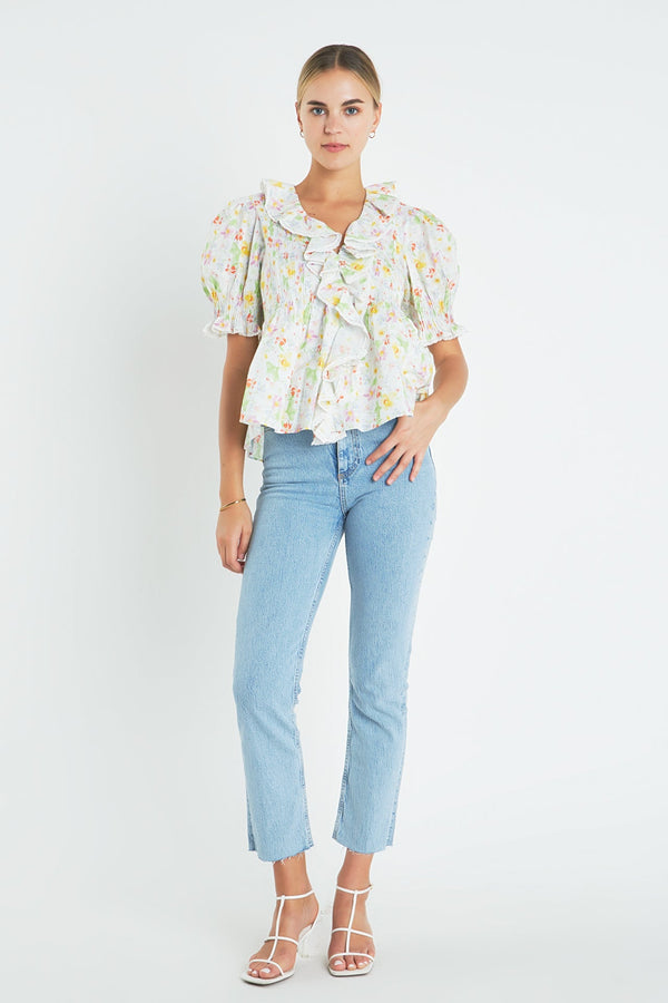 english factory Abstract Floral Print Ruffle Top WHITE MULTI