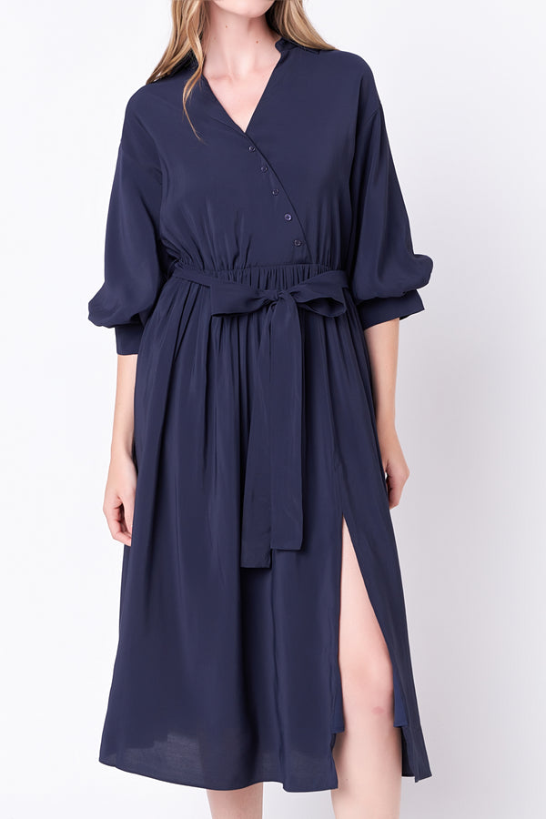 English Factory Angled Buttoned Wrap Midi Dress NAVY