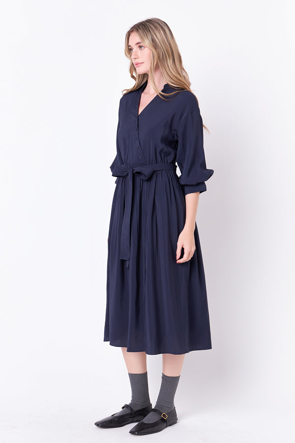 English Factory Angled Buttoned Wrap Midi Dress NAVY