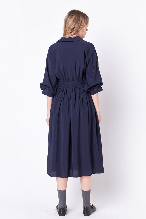 English Factory Angled Buttoned Wrap Midi Dress NAVY