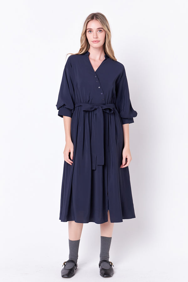 english factory Angled Buttoned Wrap Midi Dress NAVY