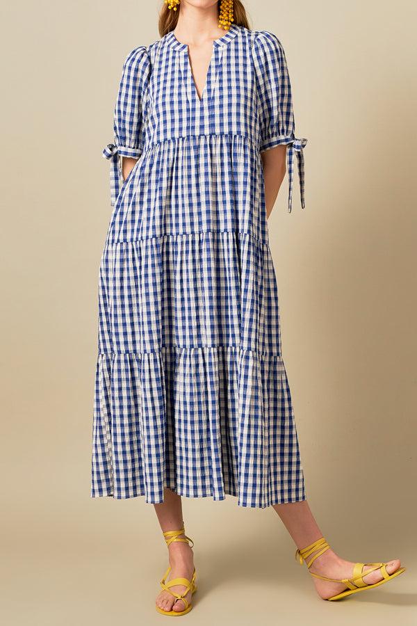 English Factory Arden Checked Tiered Midi Dress NAVY