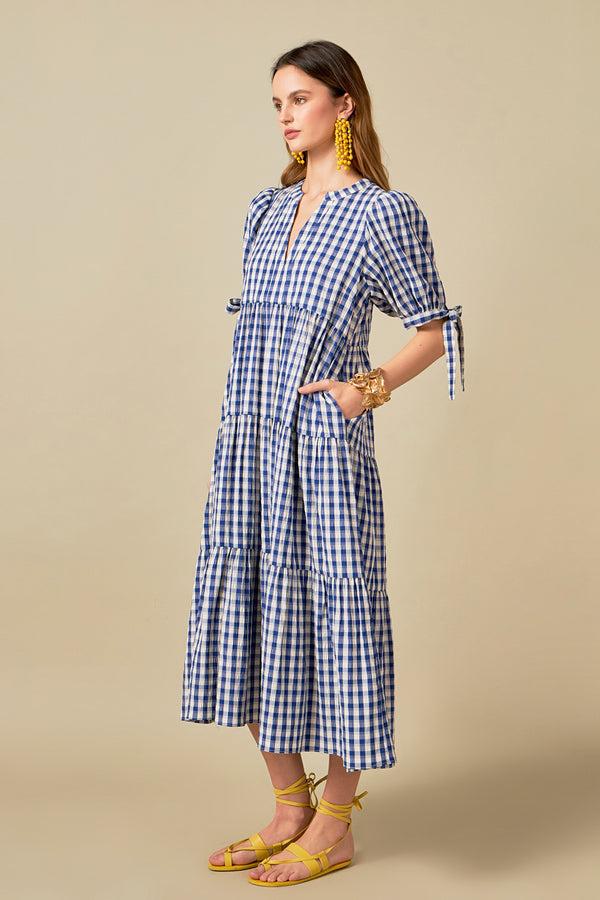 English Factory Arden Checked Tiered Midi Dress NAVY