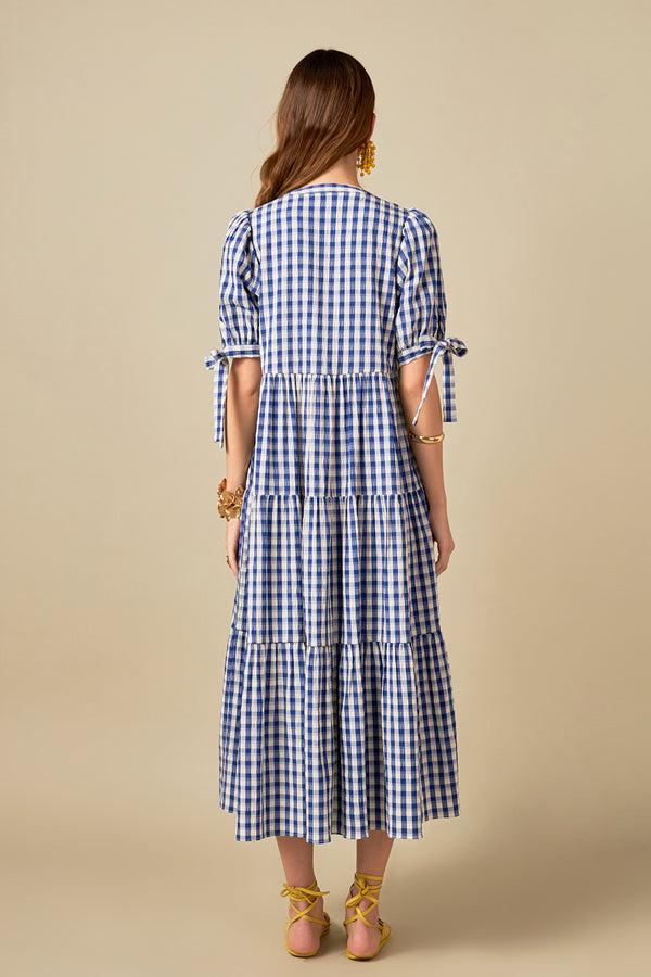 English Factory Arden Checked Tiered Midi Dress NAVY