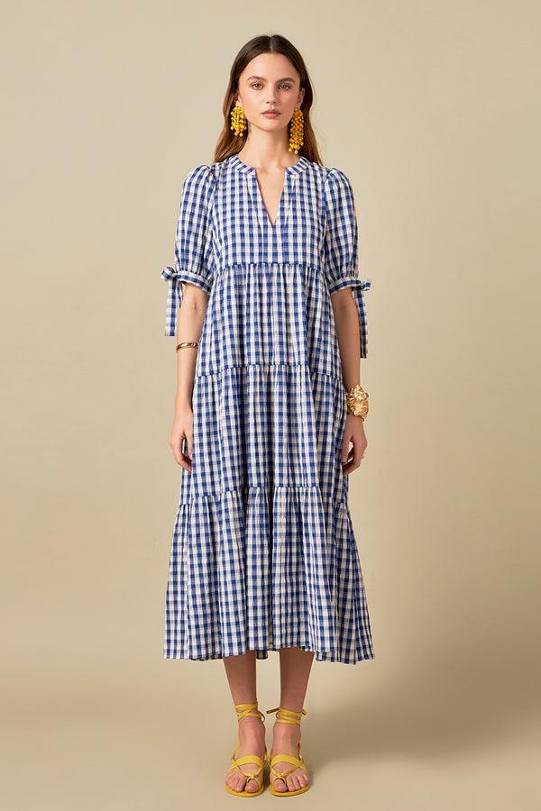 english factory Arden Checked Tiered Midi Dress NAVY