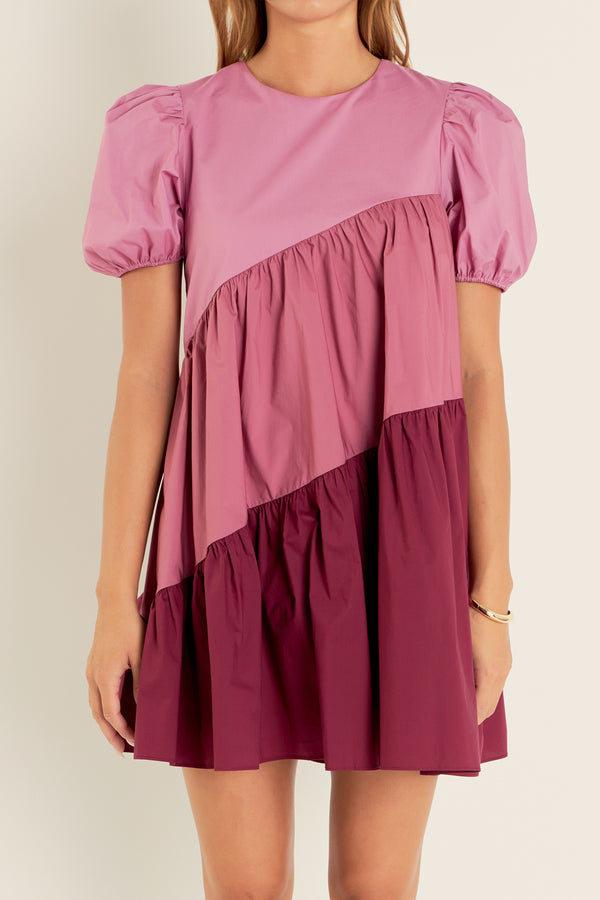 English Factory Asymmetrical Colorblock Puff Sleeve Dress ORCHID MULTI