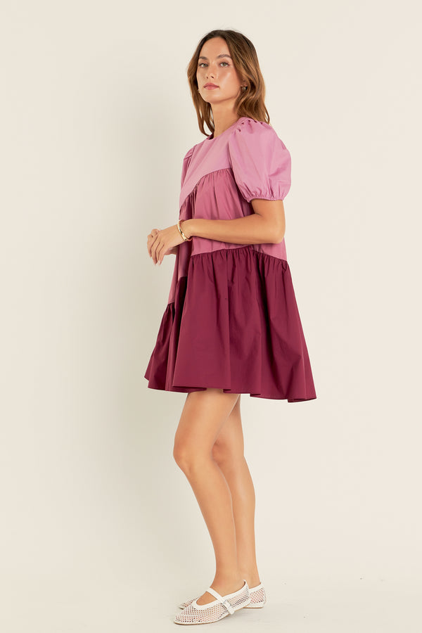 English Factory Asymmetrical Colorblock Puff Sleeve Dress ORCHID MULTI