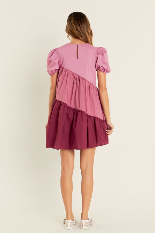 English Factory Asymmetrical Colorblock Puff Sleeve Dress ORCHID MULTI