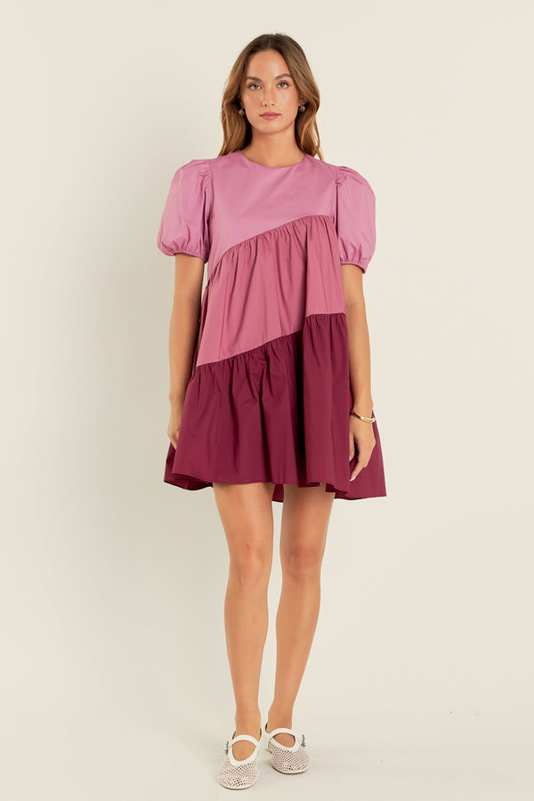 english factory Asymmetrical Colorblock Puff Sleeve Dress ORCHID MULTI