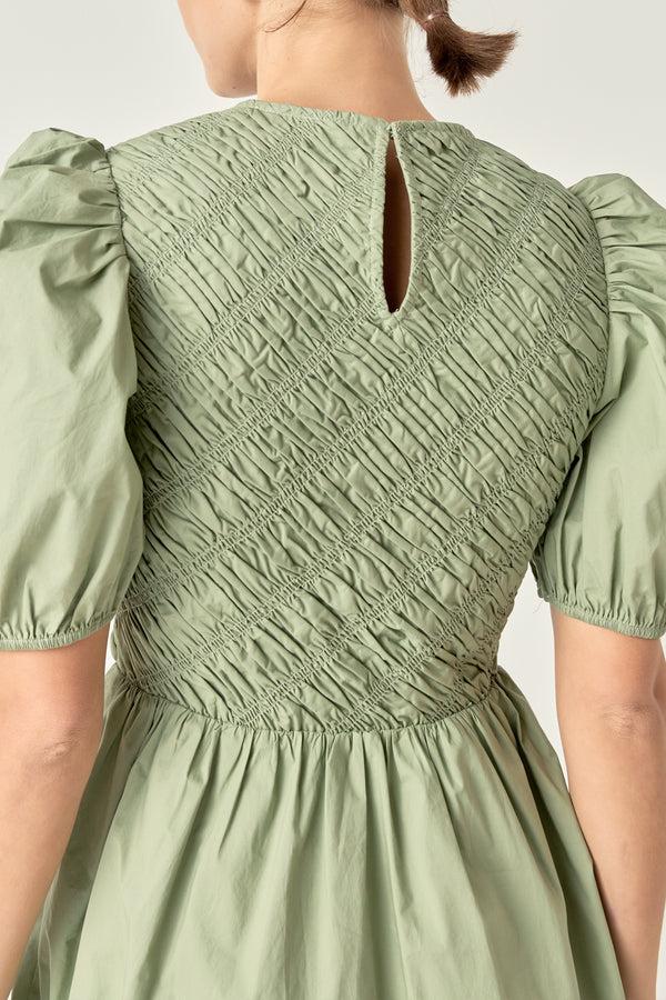 English Factory Asymmetrical Smocked Mini Dress SAGE