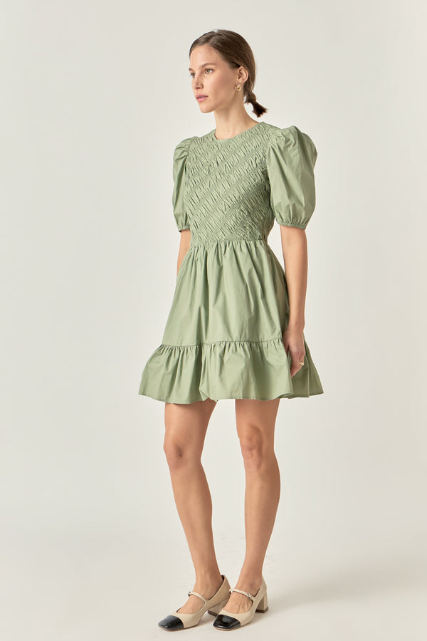 English Factory Asymmetrical Smocked Mini Dress SAGE