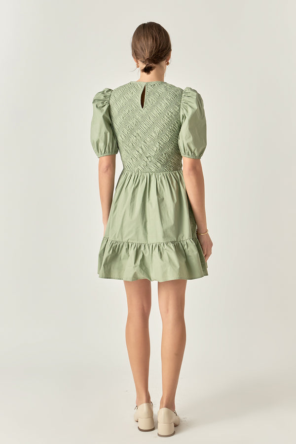 English Factory Asymmetrical Smocked Mini Dress SAGE