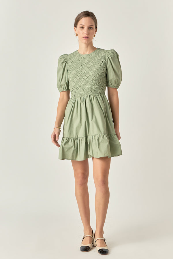 english factory Asymmetrical Smocked Mini Dress SAGE
