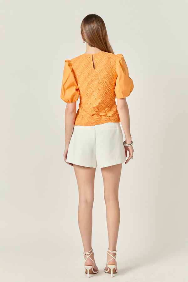 English Factory Asymmetrical Smocked Puff Sleeve Top ORANGE
